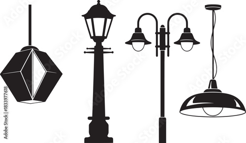 Vintage and Modern Street Lamp Post Silhouette Set, Black and White Vector Illustration
