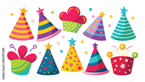 Colorful party hats in various designs, perfect for festive celebrations and birthday parties..eps