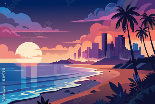 Sunset beach with city skyline
