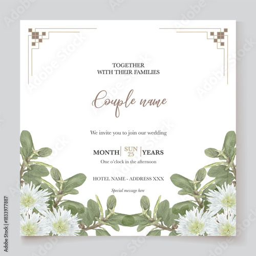 WEDDING INVITATION FRAME WITH FLOWER DECORATIONS AND FRESH LEAVES