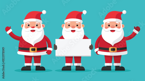 Santa Claus holds a sign and points, smiling cheerfully in a festive red suit against a snowy background..eps