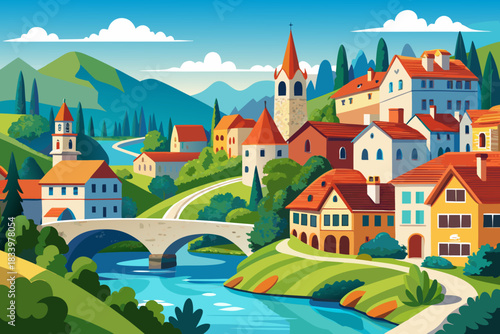 Townscape with river and bridge