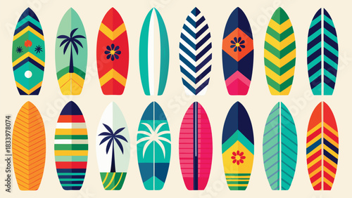 Colorful surfboards in various designs arranged in a playful clipart style against a white background..eps