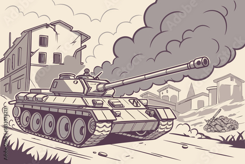 Tank in destroyed city