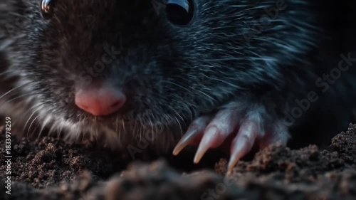 Close up of a small mammal with dark fur and visible claws