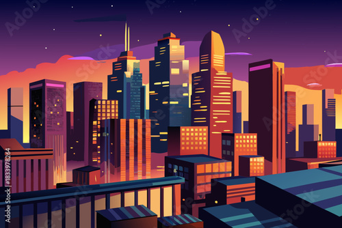 Cityscape at sunset with skyscrapers