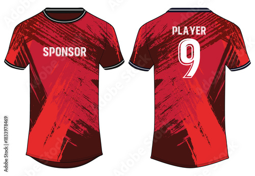 Sports jersey t shirt and shorts kit design flat sketch illustration, Grunge texture V neck raglan sleeve Football jersey kit concept with front and back view for Soccer, Cricket, Volleyball uniform