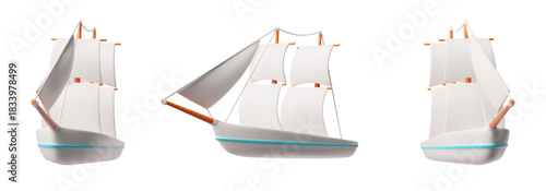 3D set of a sea vessel with white sails from different sides.