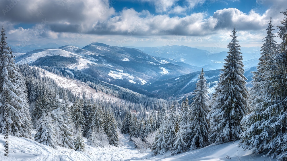Fototapeta premium A serene winter wonderland unfolds with snow-laden trees framing distant mountains under a sky brushed with clouds. The landscape evokes tranquility and the beauty of the season.
