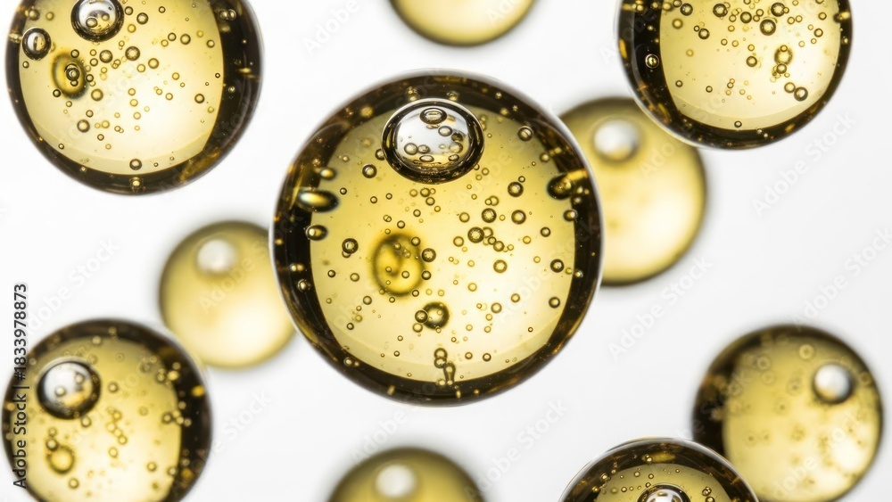 Fototapeta premium Suspended golden liquid spheres containing many tiny air bubbles on white