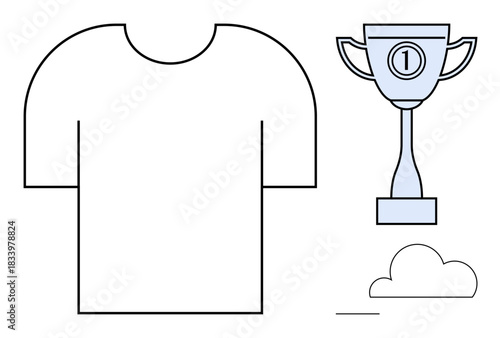 Achievement concept. Achievement illustrated with a T-shirt, trophy, and cloud sports accomplishments, goals, and recognition. Achievement in sports, awards, competition motivation branding