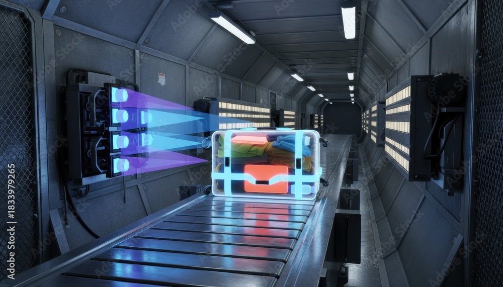 Obraz premium Luggage on conveyor belt scanned by security system with digital xray visualization