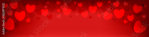 Vibrant red Valentines Day banner with glowing floating hearts. Ideal for passionate holiday sales, romantic promotions, social media ads, and festive digital campaigns