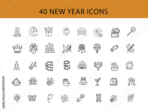 40 New Year Icons Collection Vector Graphics With White Background Keywords: new year, icons