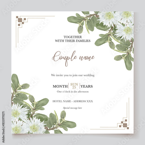 WEDDING INVITATION FRAME WITH FLOWER DECORATIONS AND FRESH LEAVES