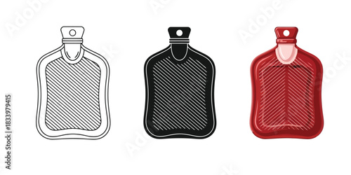 Three hot water bottle icons in outline, silhouette, and color vector style
