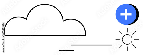 Cloud data storage. Simplified cloud design with integrated data plus icon and sun symbol cloud data storage, software integration, and digital connectivity. For tech, cloud services, innovation