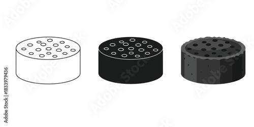 Three Isometric icons representing activated charcoal briquette or filter element in outline, solid black, and shaded style