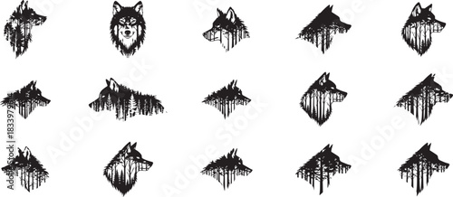 Collection of isolated wolf head silhouettes incorporating dense forest tree patterns within their shape, symbolizing nature, wilderness, strength, and wild animal spirit
