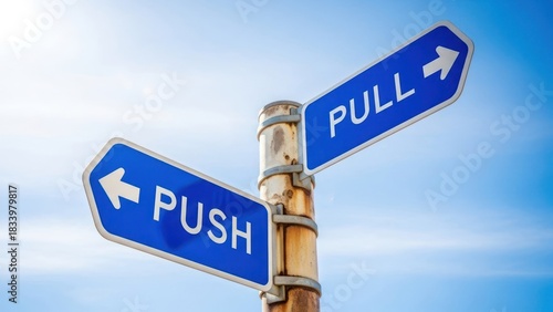 Wallpaper Mural Two blue signs on a pole, pointing opposite ways, read PUSH and PULL against blue sky Torontodigital.ca