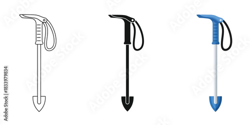Three Trekking Pole or hiking stick icons in outline, solid black, and color vector styles