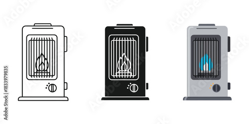 Three Portable Kerosene space heater icons showing outline, solid black, and color flat design variations