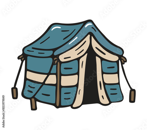 Blue and Beige Tent Cartoon Illustration – Ideal for Travel-Themed Digital Stickers and Outdoor Adventure Learning Materials