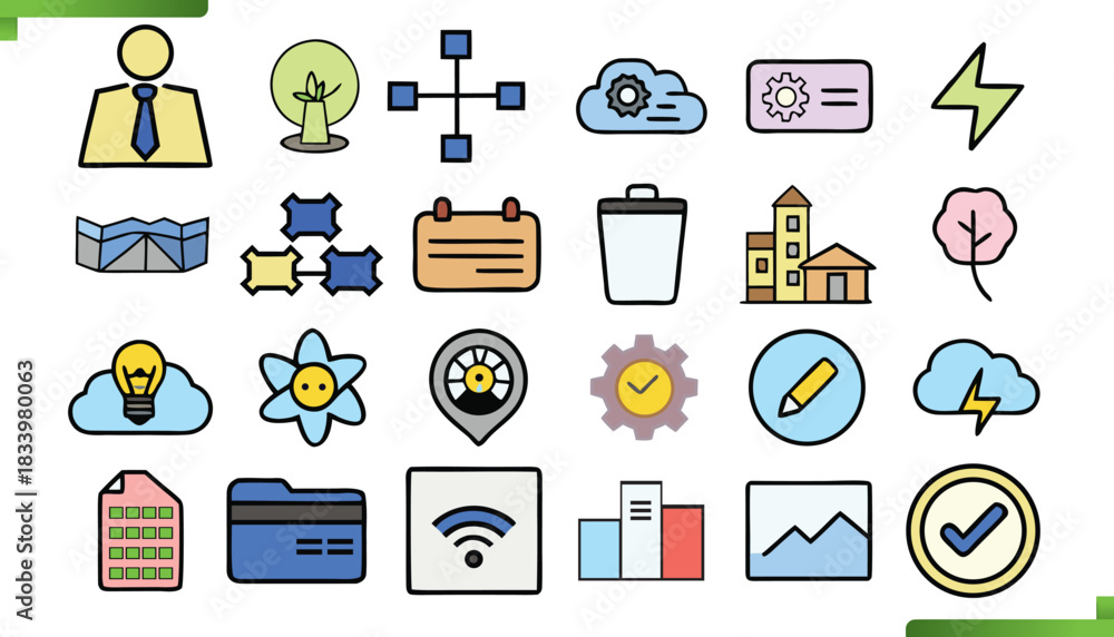 Fototapeta premium hand drawn icons representing business technology and everyday concepts for presentations and design 