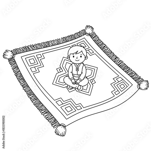 Child Sitting on Prayer Rug Kids Illustration Islamic Prayer Time Overhead View