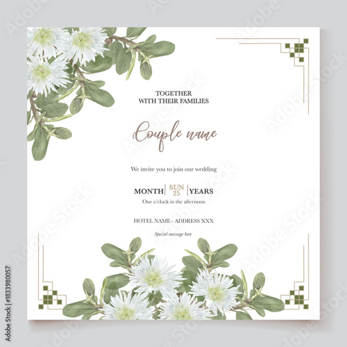 WEDDING INVITATION FRAME WITH FLOWER DECORATIONS AND FRESH LEAVES