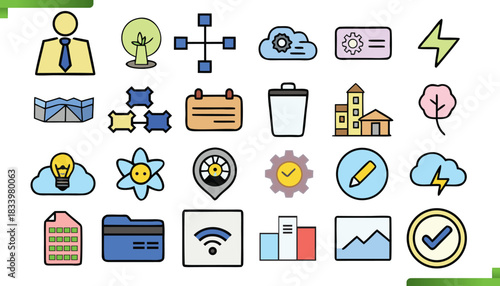  hand drawn icons representing business technology and everyday concepts for presentations and design
