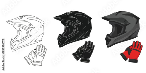 Three motocross or dirt bike helmets and gloves in outline, black, and color variations
