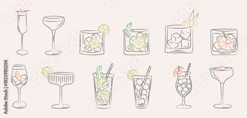 Hand drawn collection of retro cocktails and drinks in various glasses. Vintage vector illustration of classic beverages in sketch doodle style for bar, wedding, or holiday party menu. 