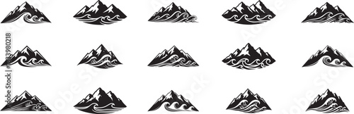 A striking collection of 15 unique stylized black vector logos and emblems, artfully combining rugged mountain peaks with dynamic ocean waves, perfect for outdoor adventure brands, travel agencies