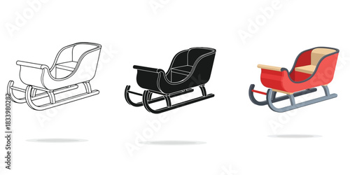 Three Sleigh icons showing outline, silhouette, and colored versions