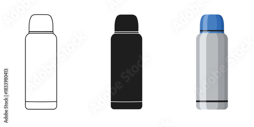 Three Thermos flask icons showing outline, silhouette, and color illustration of a portable vacuum insulated beverage container