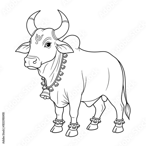 Decorative Sacred Cow Drawing with Bells and Ornate Horns Indian Cultural Art
