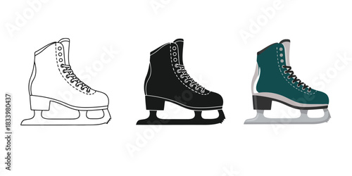 Three Figure skate icons showing outline, solid black, and colored versions