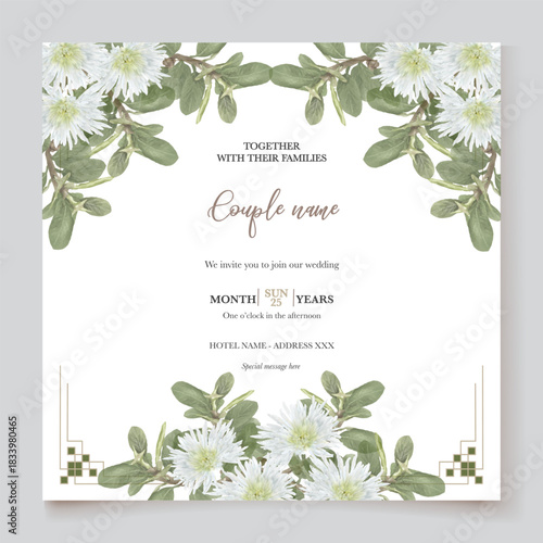 WEDDING INVITATION FRAME WITH FLOWER DECORATIONS AND FRESH LEAVES