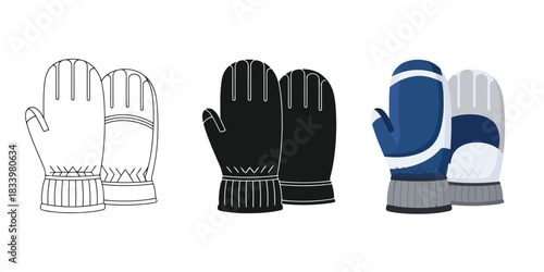 Three Winter Mitten icons in outline, silhouette, and color vector styles
