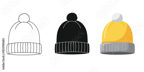 Three winter beanie hats with pompom in outline, silhouette, and color vector illustration