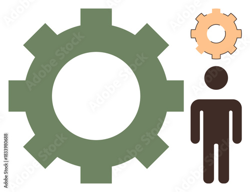 Large green gear beside a person silhouette, smaller orange gear above. Ideal for teamwork, technology, innovation, engineering, human interaction, productivity, simple flat metaphor