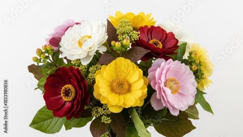 Vibrant floral bouquet featuring red, yellow, pink, and white blooms with green foliage