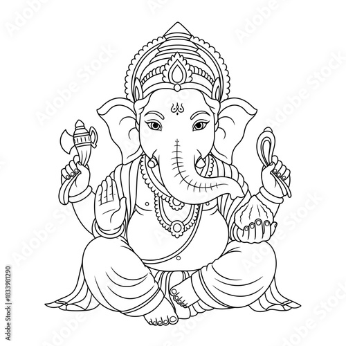 Hindu God Ganesh Line Art Drawing Coloring Book Illustration Page