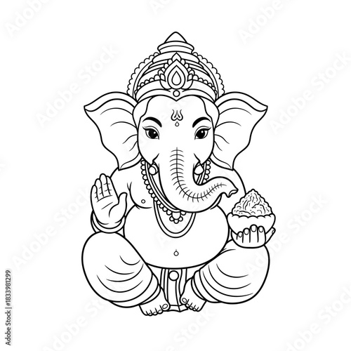 Ganesh Elephant God Line Art Drawing with Blessing Gesture and Cupcake Indian Art