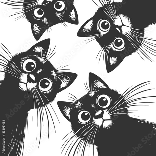 Adorable group of curious black cats with big eyes peering downward sketch engraving generative ai fictional character vector illustration. Scratch board imitation. Black and white image.