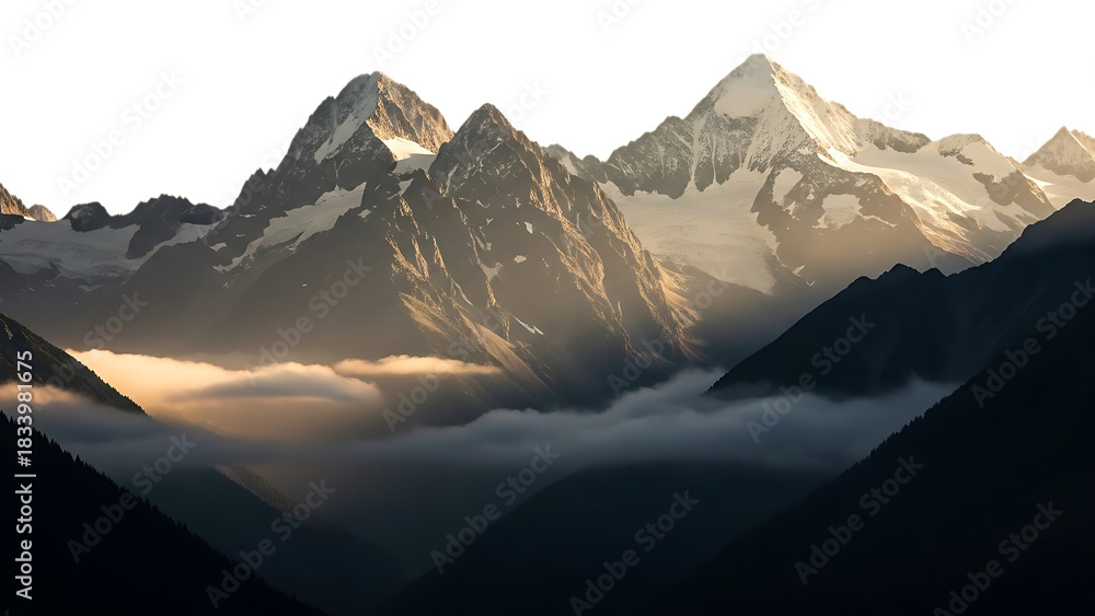Fototapeta premium Majestic mountain range with snow capped peaks isolated on transparent background