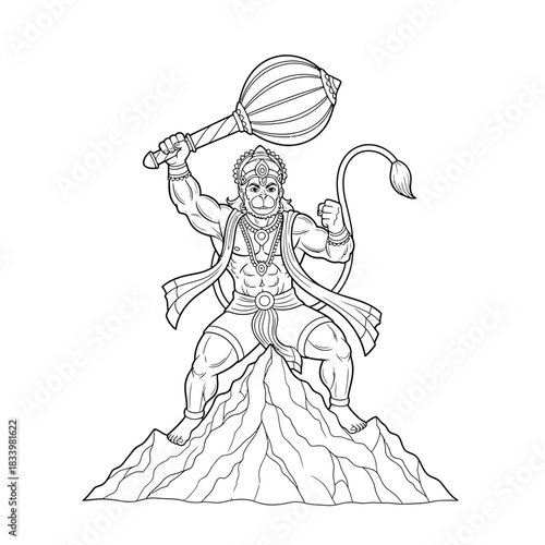 Legendary Hanuman Holding Mountain Illustration Symbolizing Immense Strength