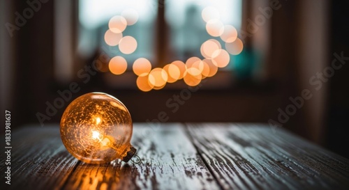 Warmly glowing glass ornament on wooden table with blurred festive lights in background