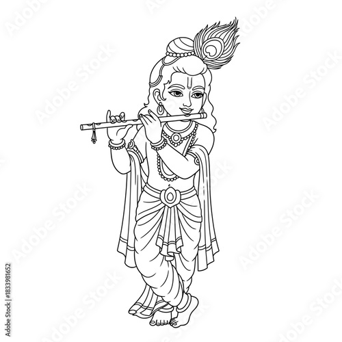 Serene Hindu God Krishna Playing the Flute Peaceful Spiritual Illustration